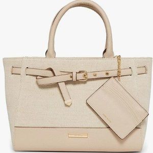 NWT Anne Klein womens Belt Detail With Card Case satchel, Lurex Canvas/Clay